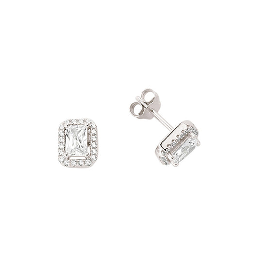 Silver  Emerald Cut CZ Halo Stud Earrings - GVE351