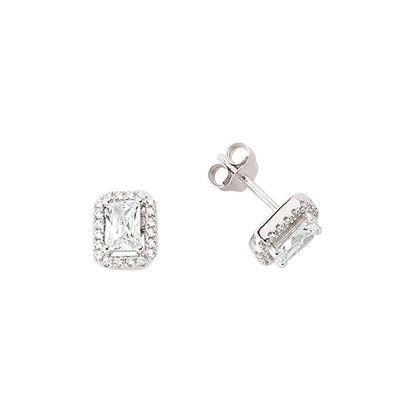 Silver  Emerald Cut CZ Halo Stud Earrings - GVE351