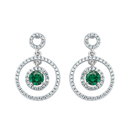 Silver  Green CZ Crop Circles Halo Drop Earrings - GVE357EM