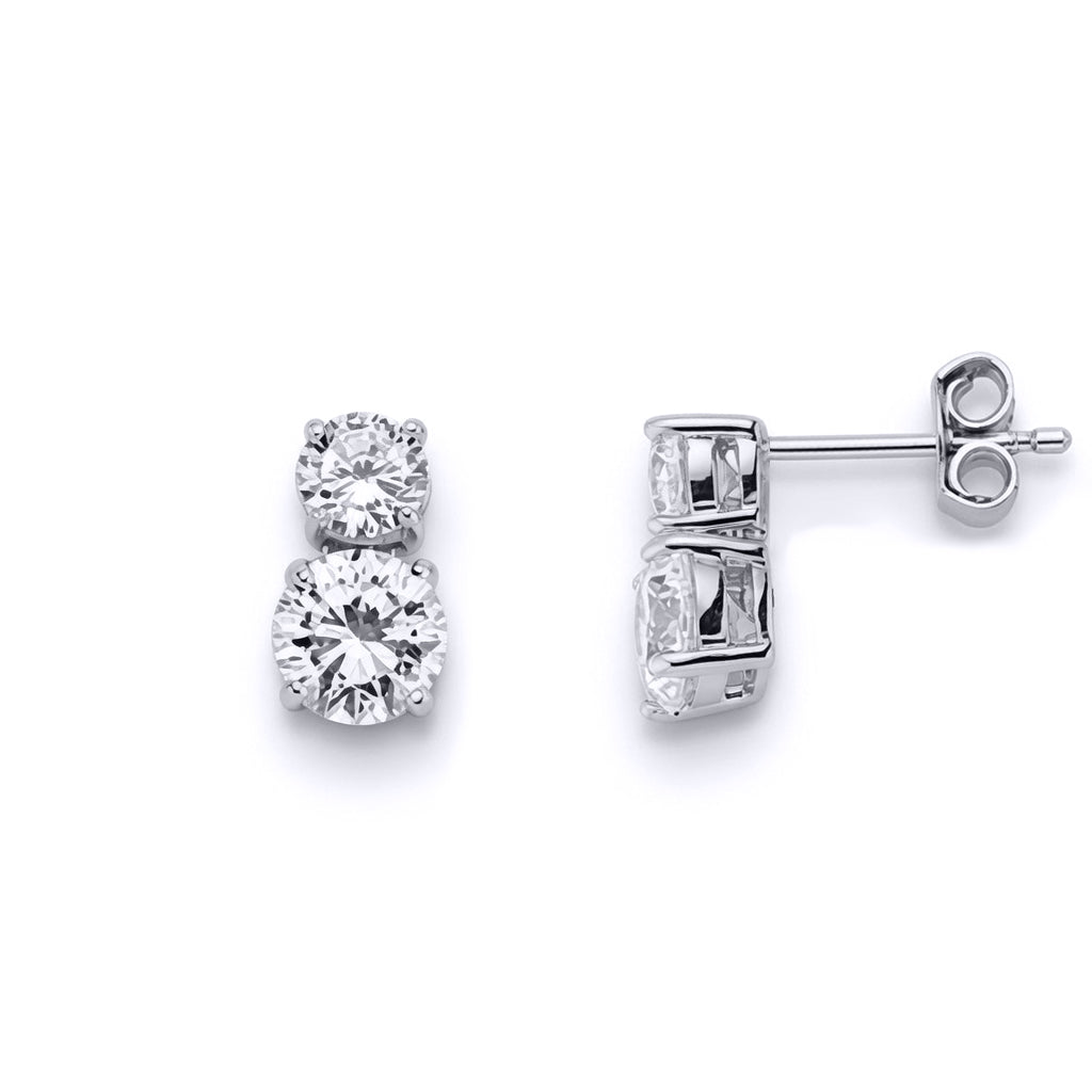 Silver  CZ Duet Drop Toi et Moi Stud Earrings - GVE362
