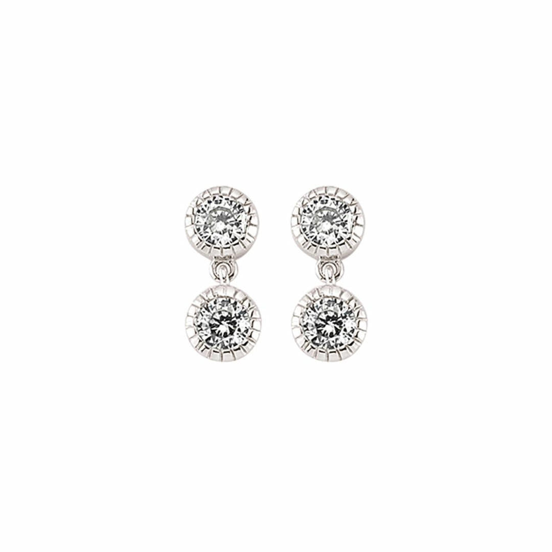 Silver  CZ Twin Drop Stud Earrings - GVE363