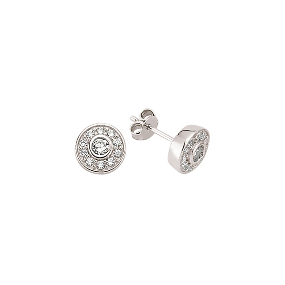 Silver  CZ Flat Halo Stud Earrings - GVE364