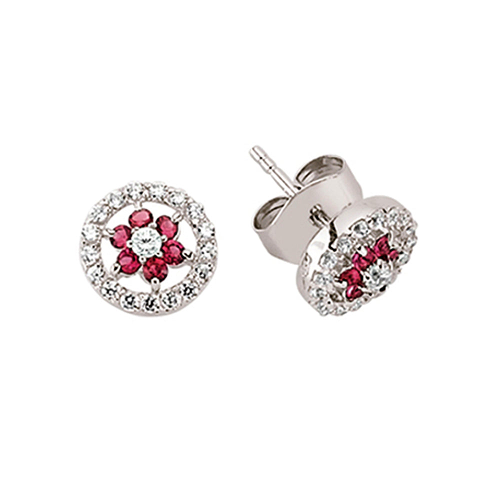 Silver  Red CZ Daisy Halo Stud Earrings - GVE367RU