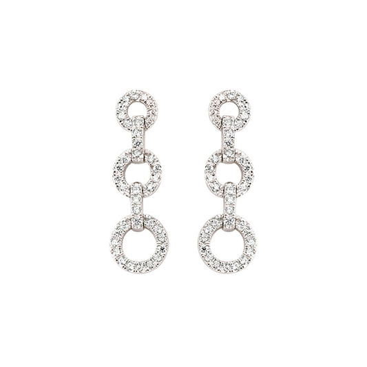 Silver  CZ Trilogy Chain Drop Stud Earrings - GVE373