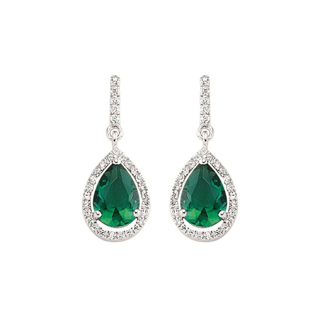Silver  Green Pear CZ Halo Tears of Joy Drop Earrings - GVE374EM