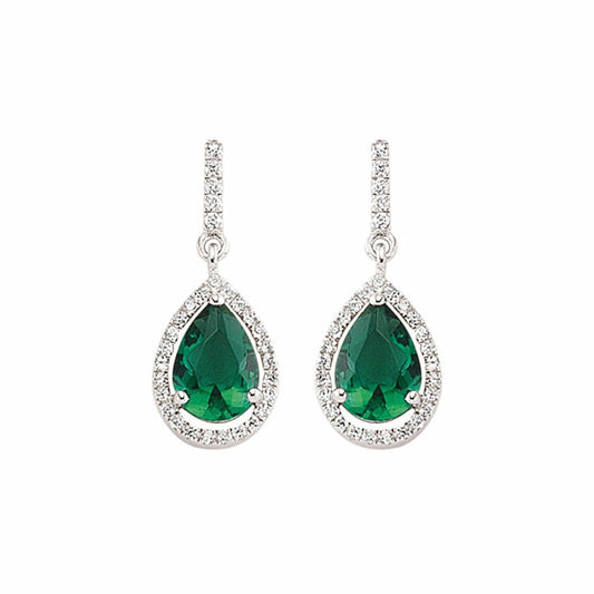 Silver  Green Pear CZ Halo Tears of Joy Drop Earrings - GVE374EM