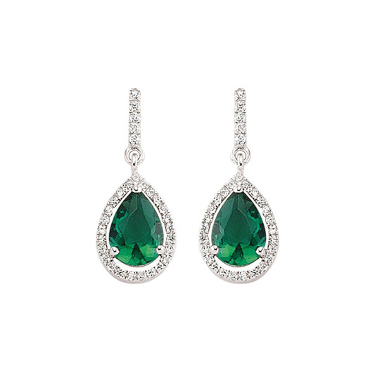 Silver  Green Pear CZ Halo Tears of Joy Drop Earrings - GVE374EM