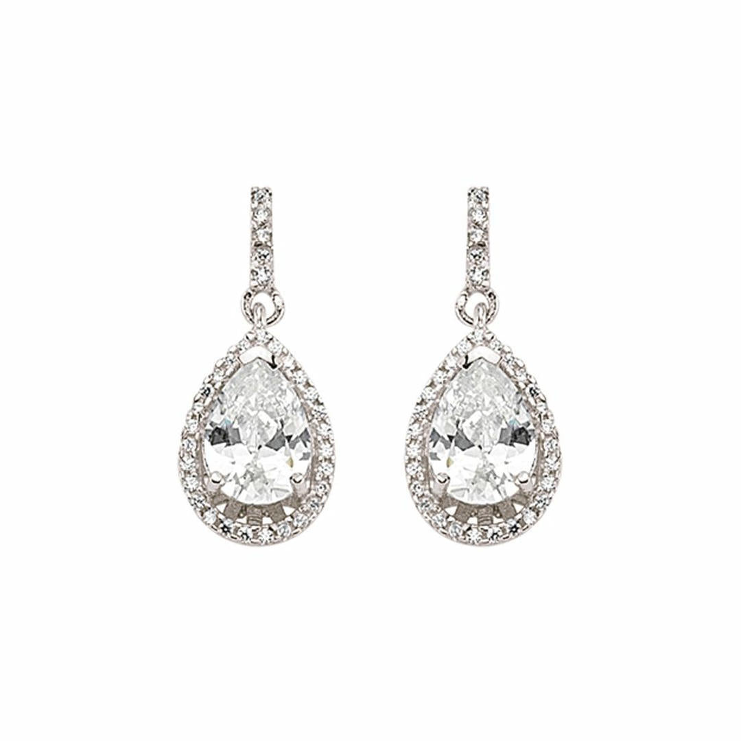 Silver  Pear CZ Halo Tears of Joy Drop Earrings - GVE374