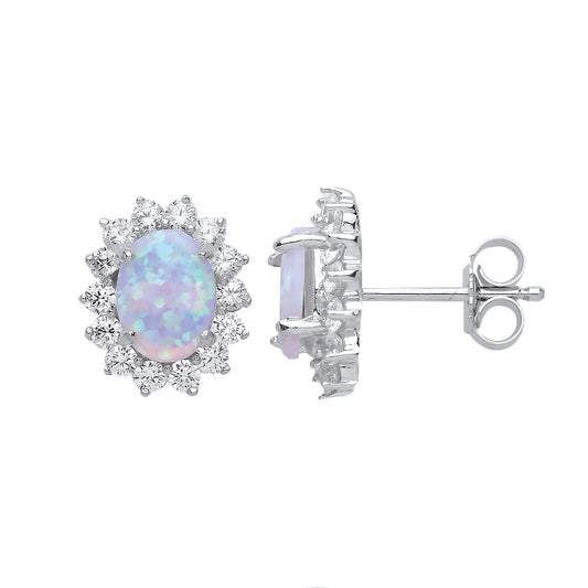 Silver  oval Opal Royal Cluster Stud Earrings - GVE375OP