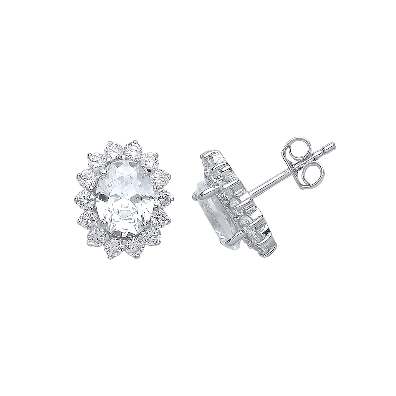 Silver  Oval CZ Cluster Stud Earrings - GVE375