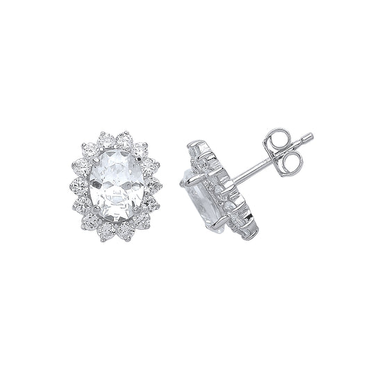 Silver  Oval CZ Cluster Stud Earrings - GVE375