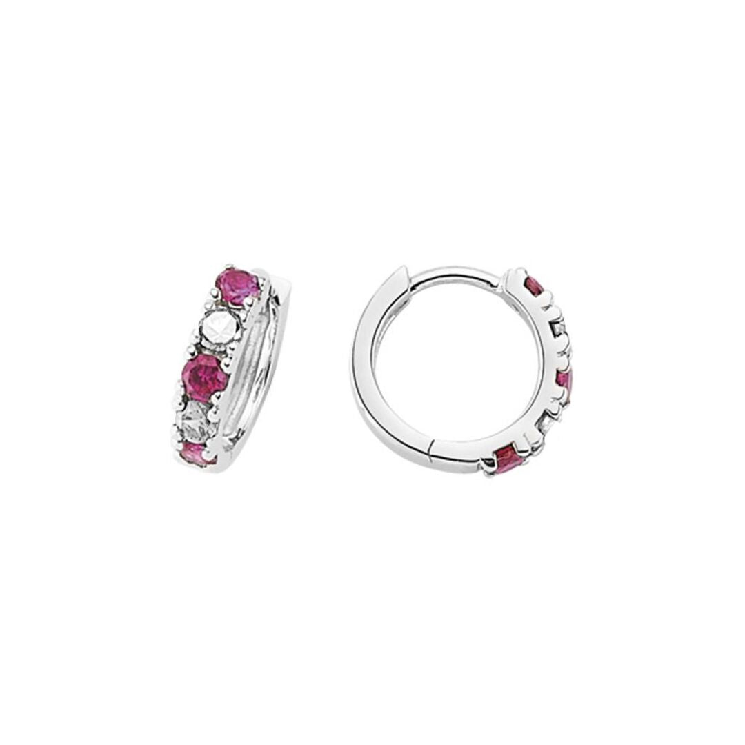 Silver  Red CZ Alternating Eternity Huggie Hoop Earrings 15mm - GVE389RU