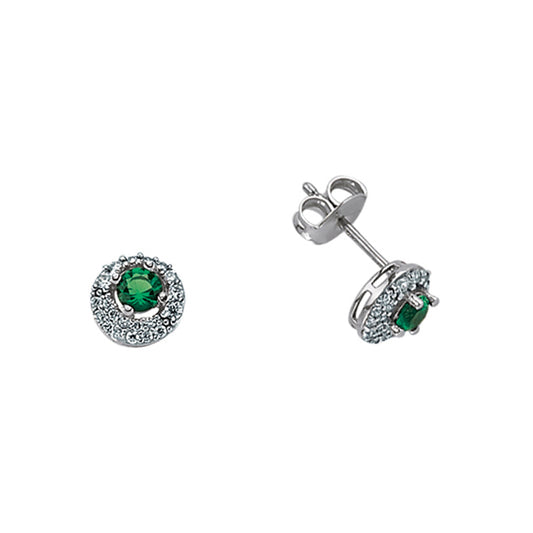 Silver  Green CZ Halo Stud Earrings - GVE396EM