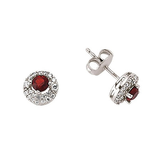 Silver  Red CZ Halo Stud Earrings - GVE396RU