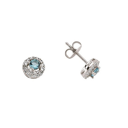 Silver  Light Blue CZ Halo Stud Earrings - GVE396TOP