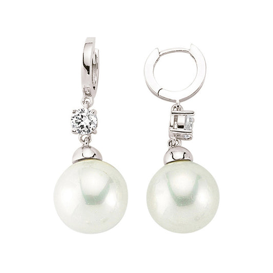 Silver  CZ Simulated Pearl Solitaire Drop Earrings 15mm - GVE401