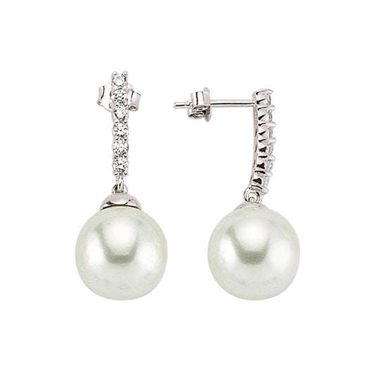 Silver  CZ Pearl Eternity Drop Earrings 13mm - GVE402