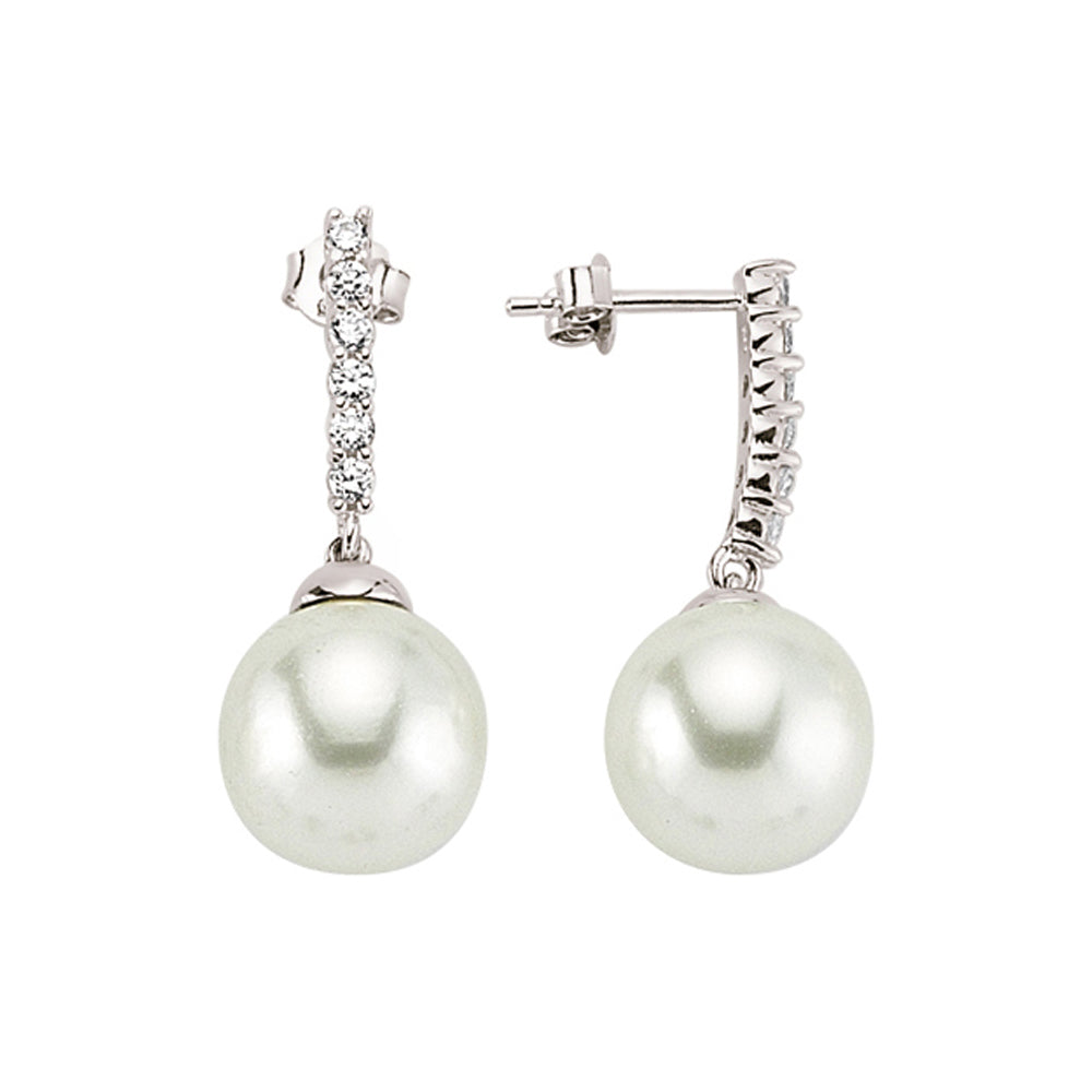 Silver  CZ Pearl Eternity Drop Earrings 13mm - GVE402