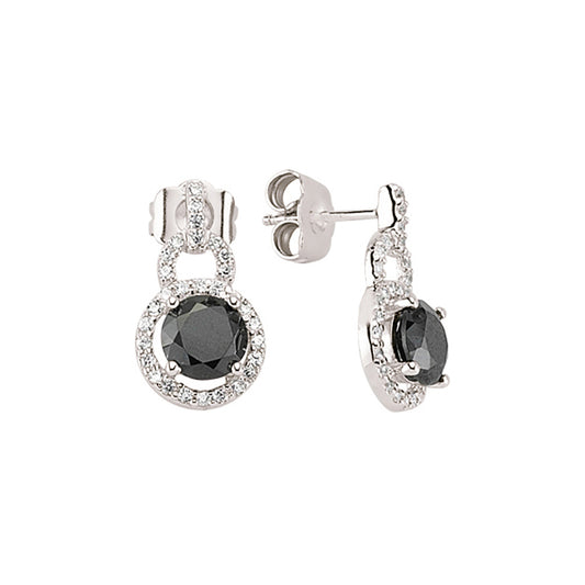 Silver  Black CZ Halo Drop Earrings - GVE404BLK