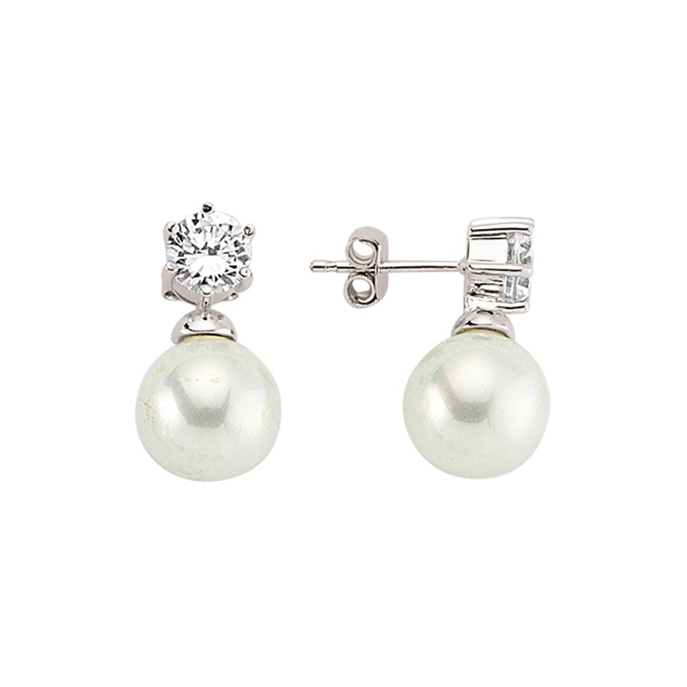Silver  CZ Pearl Solitaire Stud Earrings 11mm - GVE407