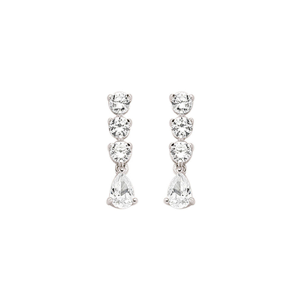 Silver  Pear CZ Trilogy Chain Drop Stud Earrings - GVE410