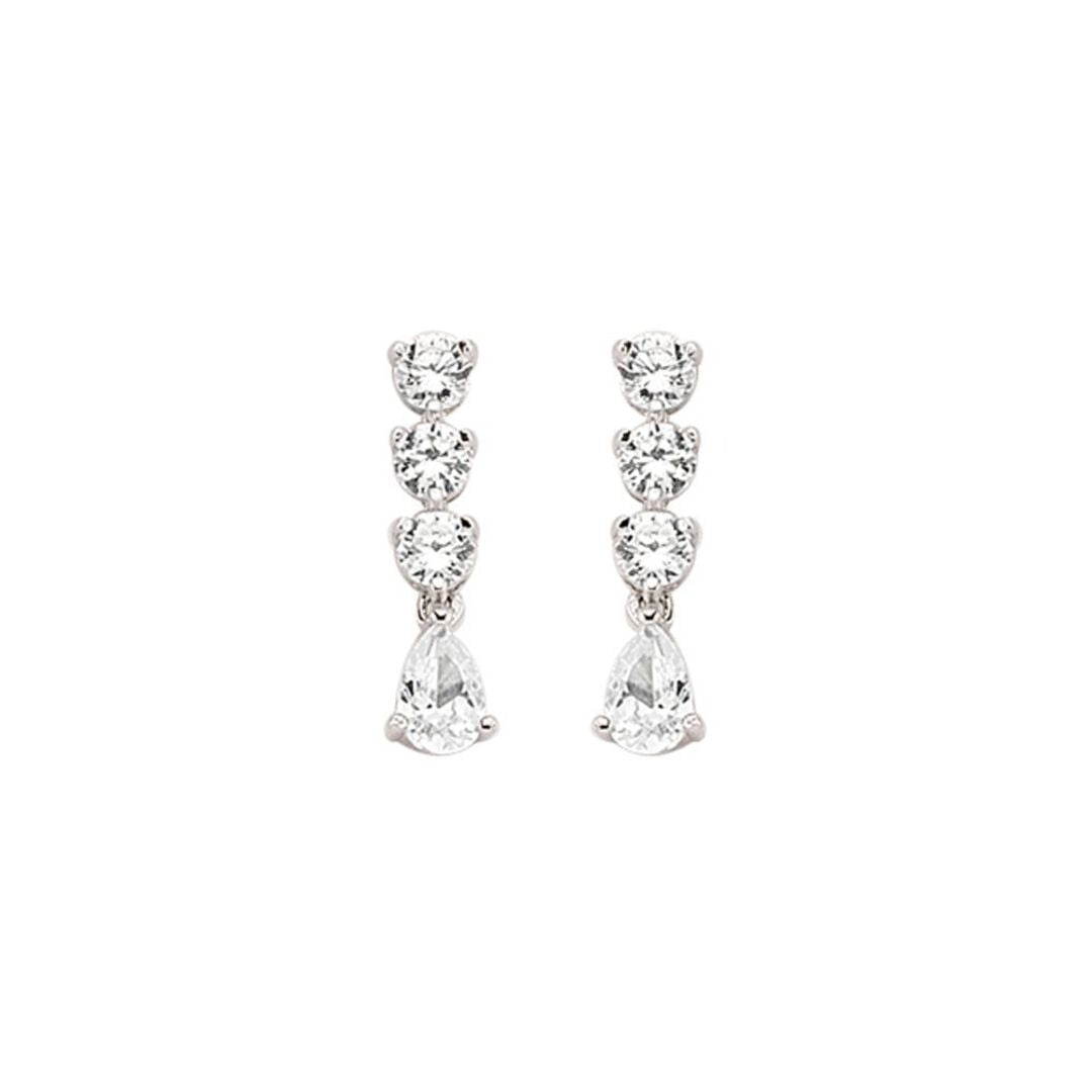 Silver  Pear CZ Trilogy Chain Drop Stud Earrings - GVE410