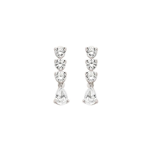 Silver  Pear CZ Trilogy Chain Drop Stud Earrings - GVE410