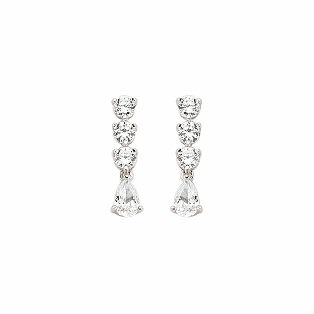 Silver  Pear CZ Trilogy Chain Drop Stud Earrings - GVE410