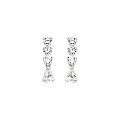 Silver  Pear CZ Trilogy Chain Drop Stud Earrings - GVE410