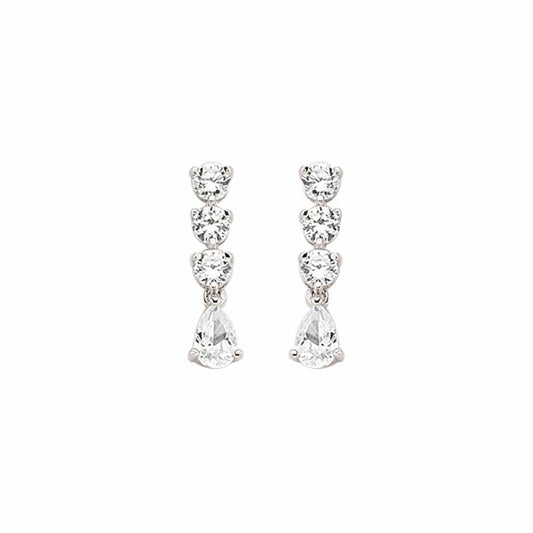 Silver  Pear CZ Trilogy Chain Drop Stud Earrings - GVE410