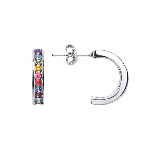 Silver  Multi Colour CZ Rainbow Eternity Hoop Earrings 15mm - GVE415