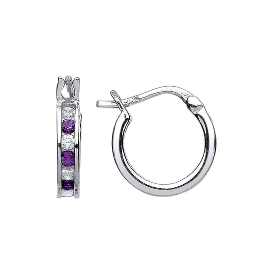 Silver  Purple CZ Channel Set Eternity Hoop Earrings 12mm - GVE416-AMY