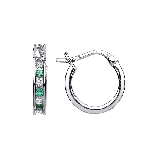 Silver  Green CZ Channel Set Eternity Hoop Earrings 12mm - GVE416-EME
