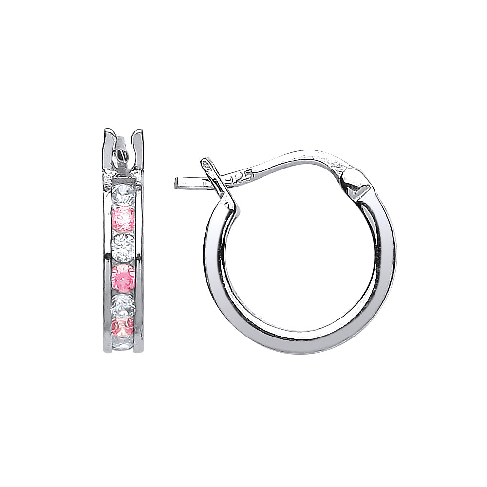 Silver  Pink CZ Channel Set Eternity Hoop Earrings 12mm - GVE416-PINK
