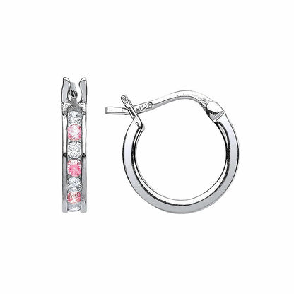 Silver  Pink CZ Channel Set Eternity Hoop Earrings 12mm - GVE416-PINK