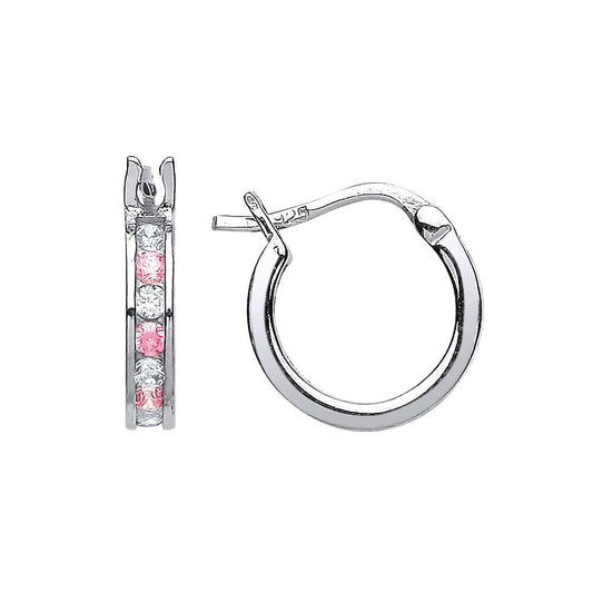Silver  Pink CZ Channel Set Eternity Hoop Earrings 12mm - GVE416-PINK