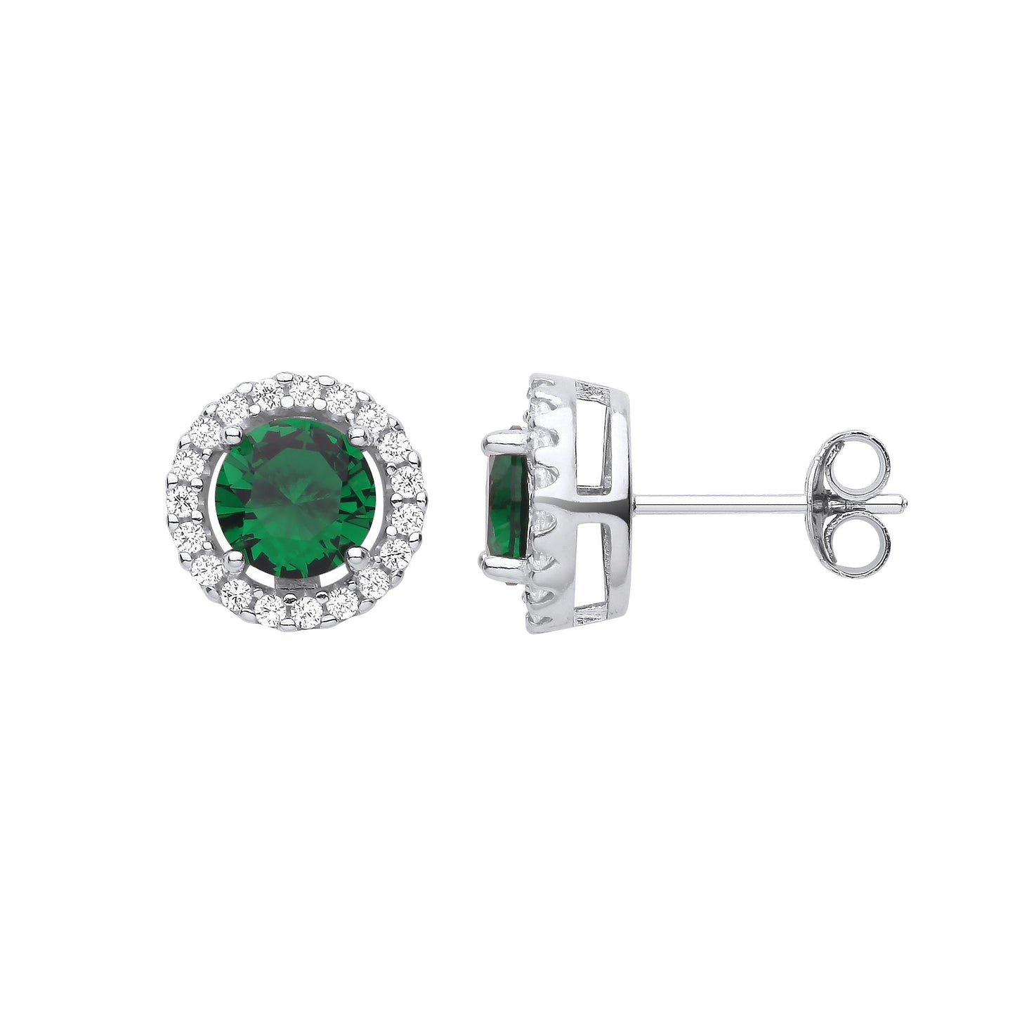 925 Silver  Green CZ Round Halo Saturn Solitaire Stud Earrings - GVE419EM