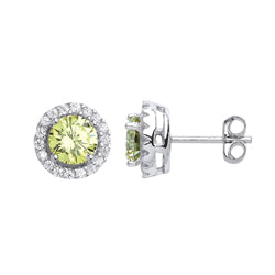 Silver  Lime Green CZ Halo Solitaire Stud Earrings - GVE419PER