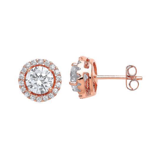 Rose Silver  CZ Halo Solitaire Stud Earrings - GVE419RG