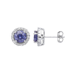 Silver  Lilac CZ Halo Solitaire Stud Earrings - GVE419TAN