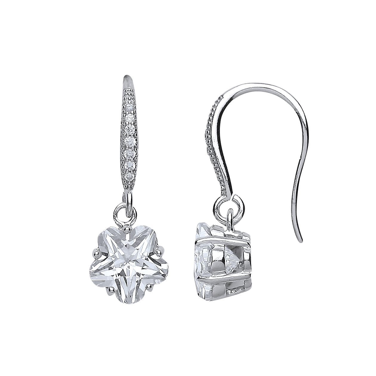 Silver  Star Shape CZ Star Flower Drop Earrings - GVE421