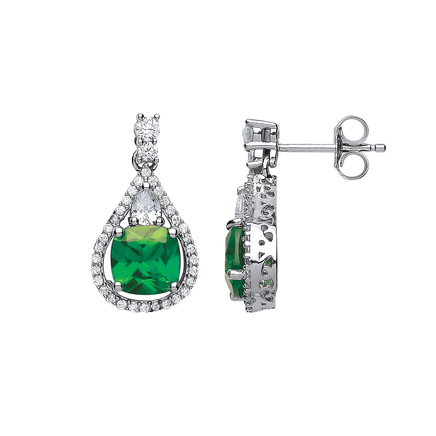 Silver  Green Cushion CZ Halo Teardrop Drop Earrings - GVE441EM