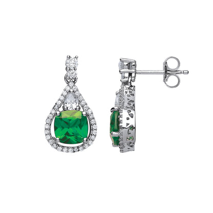 Silver  Green Cushion CZ Halo Teardrop Drop Earrings - GVE441EM