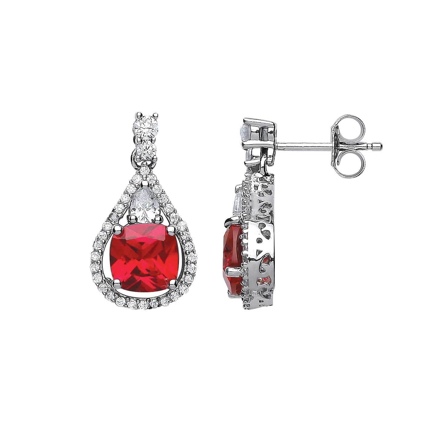 Silver  Red Cushion CZ Halo Teardrop Drop Earrings - GVE441RU