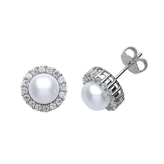 Silver  CZ Pearl Halo Stud Earrings 8mm - GVE456