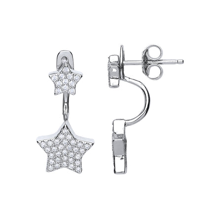 Silver  CZ Twin Stars Double Drop Earrings - GVE460