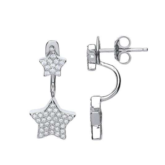 Silver  CZ Twin Stars Double Drop Earrings - GVE460