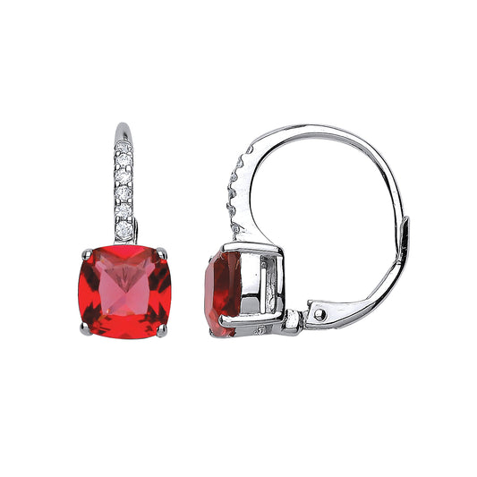 Silver  Red Cushion CZ Pave Drop Earrings - GVE462