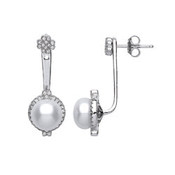 Silver  CZ Simulated Pearl Pave Halo Drop Earrings 9mm - GVE465