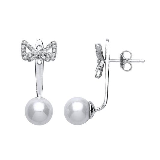 Silver  CZ Simulated Pearl Bow Double Drop Earrings 8mm - GVE468
